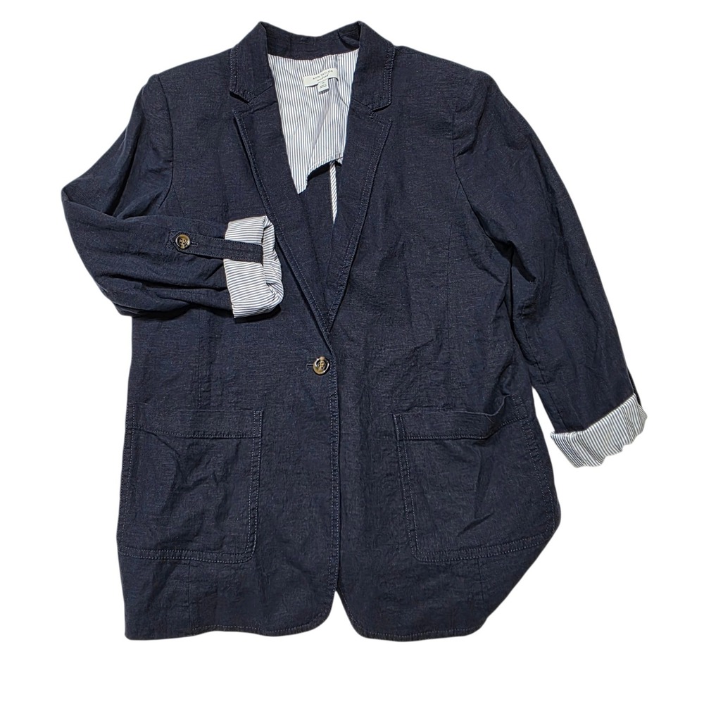 Ann Taylor Weekend Blazer Womens 14 Navy Blue Linen Viscose Blend Striped Lining